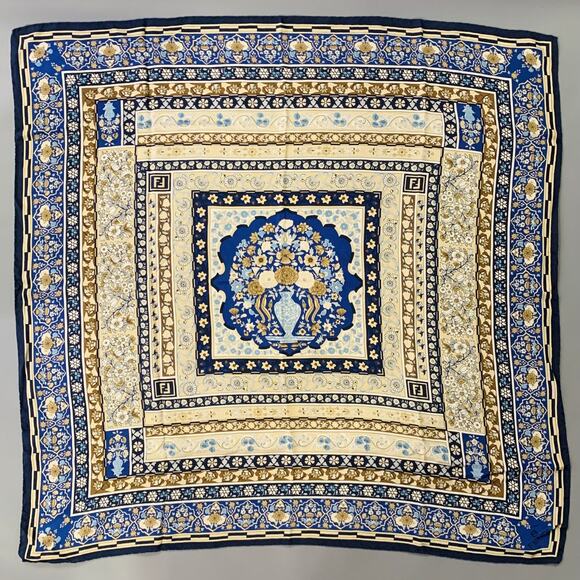 FENDI Blue Beige Abstract Floral Silk Square Scarf - Picture 1 of 5